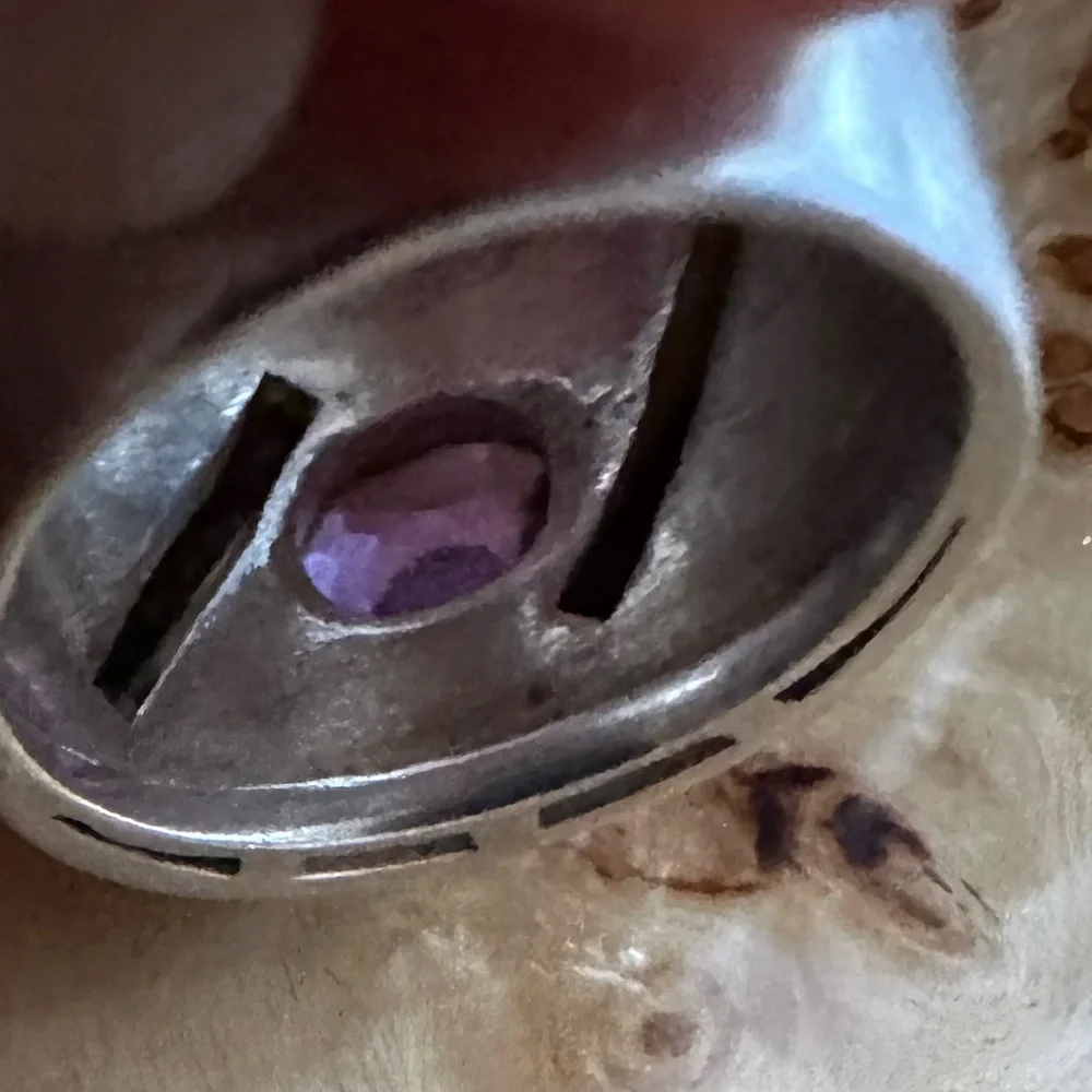 Sterling Amethyst Onyx & Marcasite Wide Band Ring Marked 925 w Makers Mark.